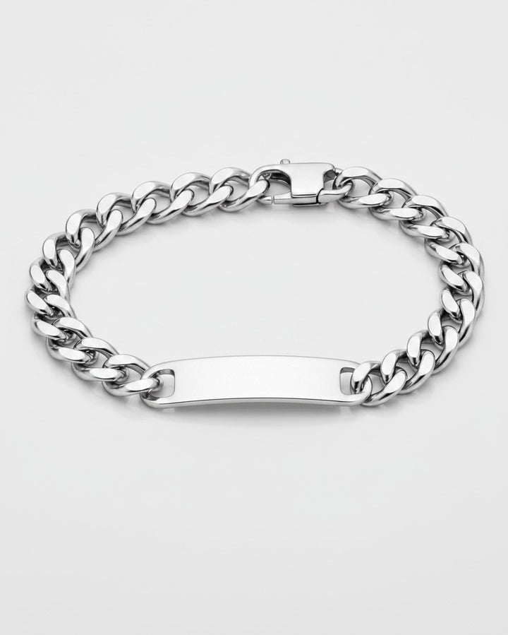 Elli Jewellery rhodium plated waterproof ID bracelet featuring a polished silver tone curb chain and bar pendant.