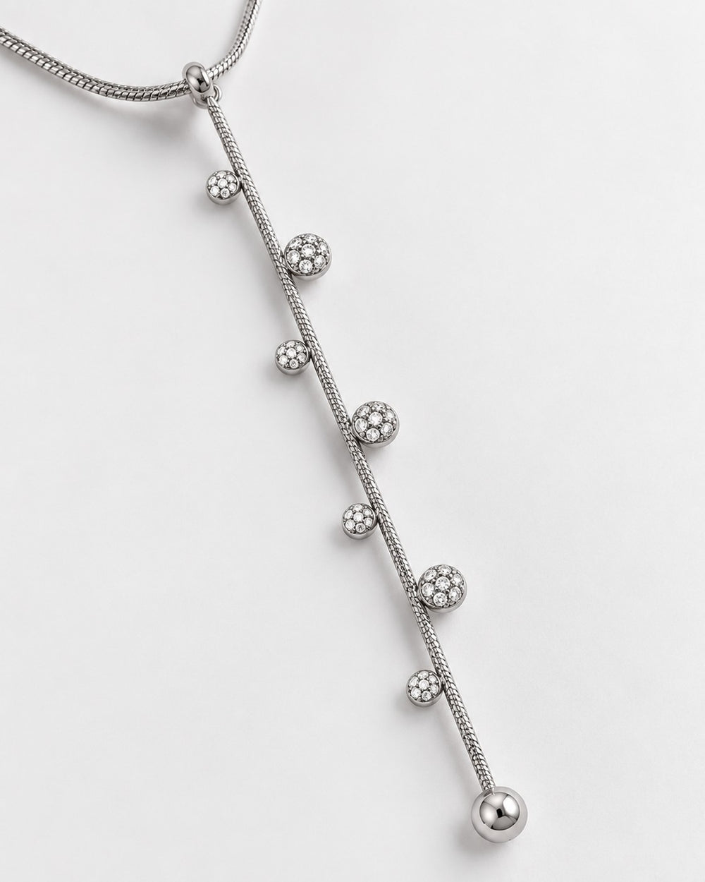 Elli Jewellery rhodium plated minimalist chain necklace featuring delicate crystal-studded spheres on a silver chain.