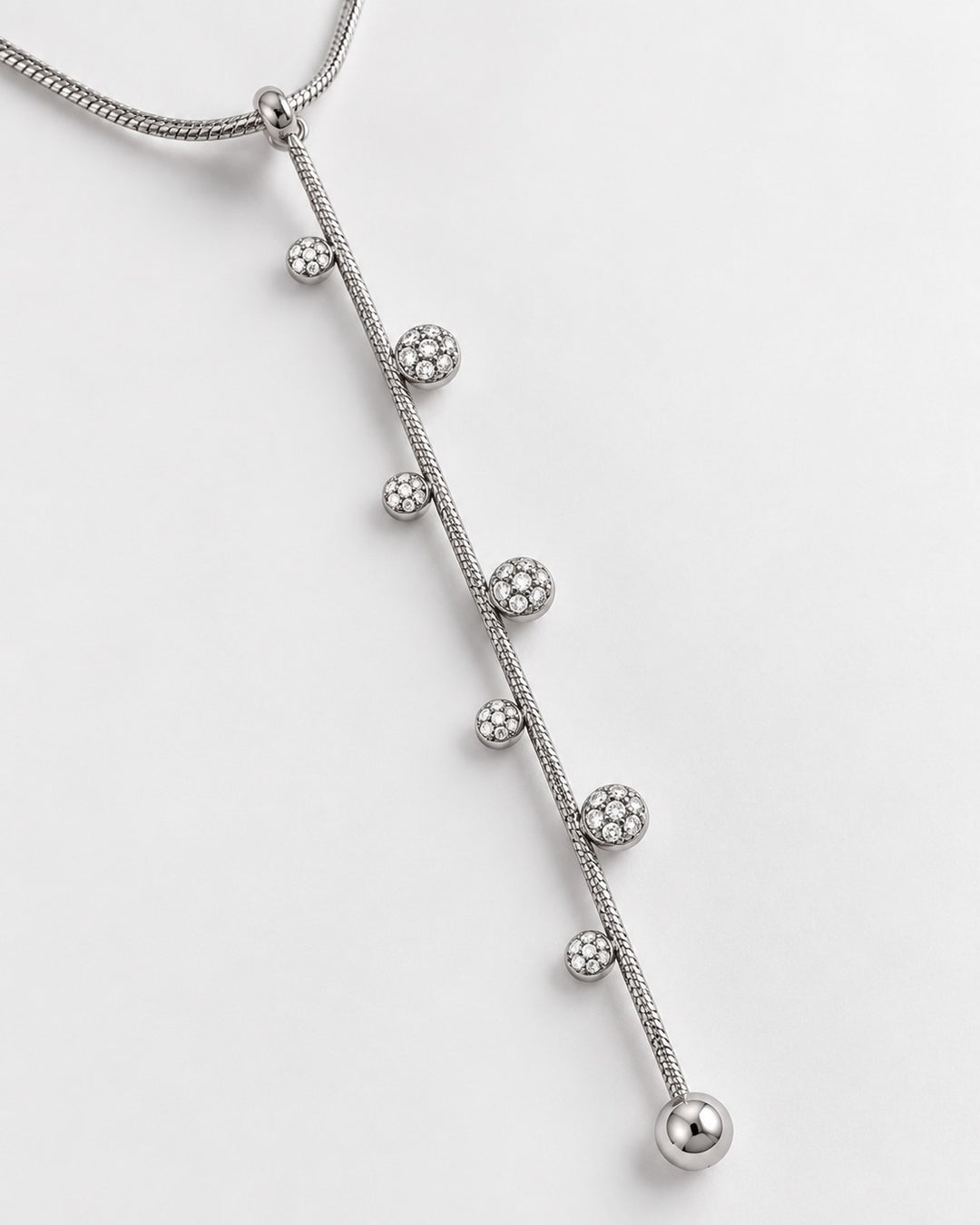 Elli Jewellery rhodium plated minimalist chain necklace featuring delicate crystal-studded spheres on a silver chain.