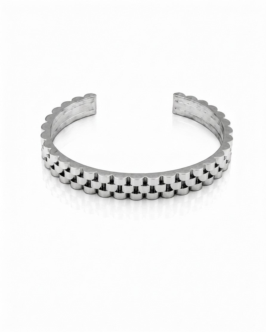Elli Jewellery rhodium plated cuff bangle with a textured, link-style silver finish on a clean white background.