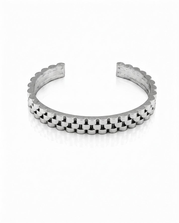 Elli Jewellery rhodium plated cuff bangle with a textured, link-style silver finish on a clean white background.