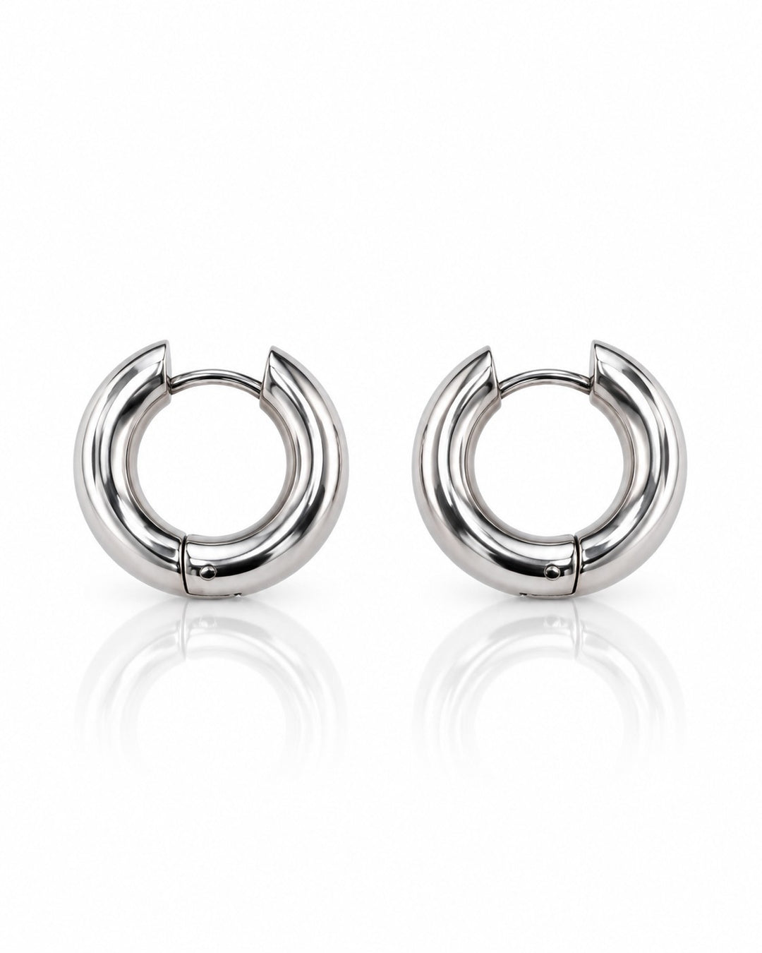 Elli Jewellery rhodium plated waterproof huggie hoop earrings with a sleek silver-toned finish and hinged closure.