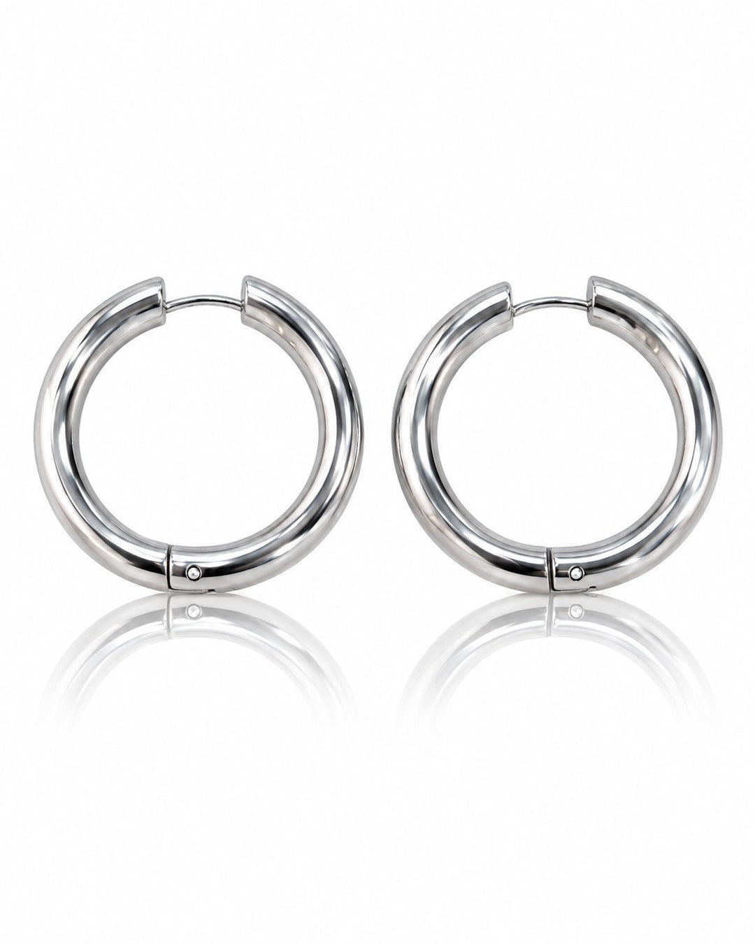 Elli Jewellery rhodium plated mid hoop earrings with a polished, waterproof finish on a white background.