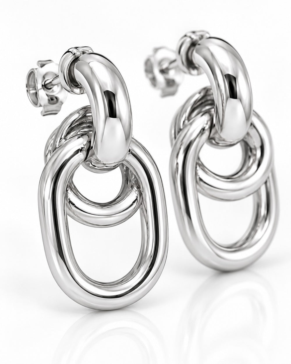 Elli Jewellery rhodium plated drop earrings featuring polished interlocking oval links for a modern elegant look.