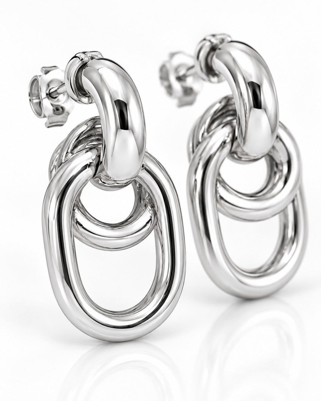 Elli Jewellery rhodium plated drop earrings featuring polished interlocking oval links for a modern elegant look.