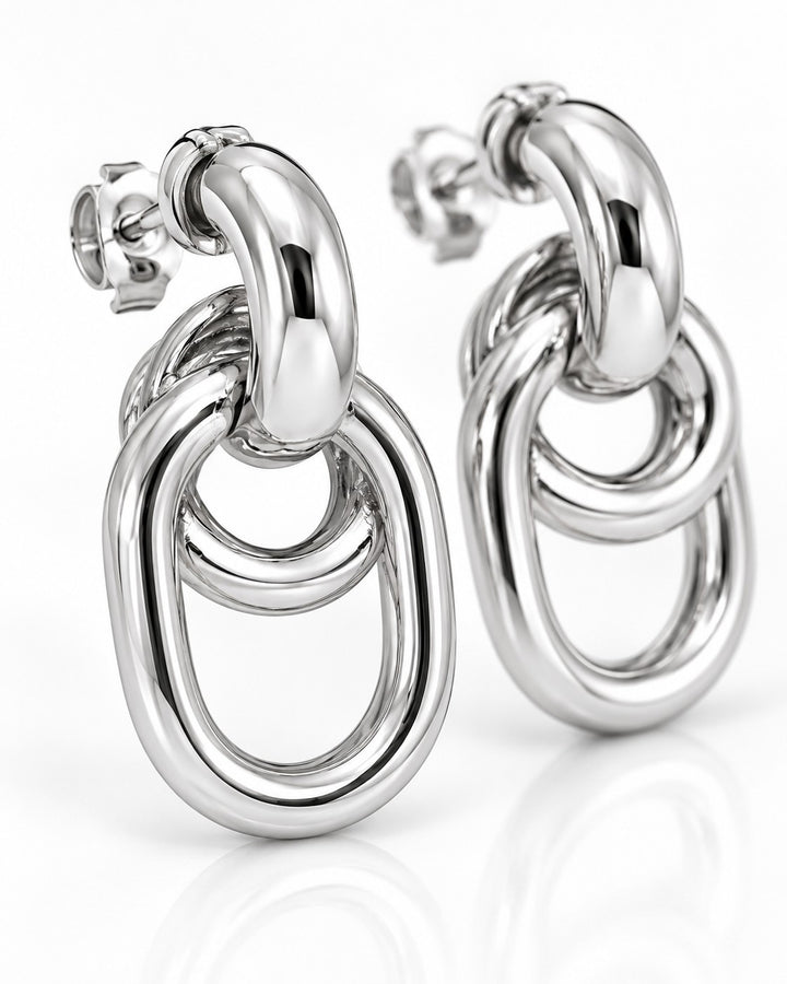 Elli Jewellery rhodium plated drop earrings featuring polished interlocking oval links for a modern elegant look.