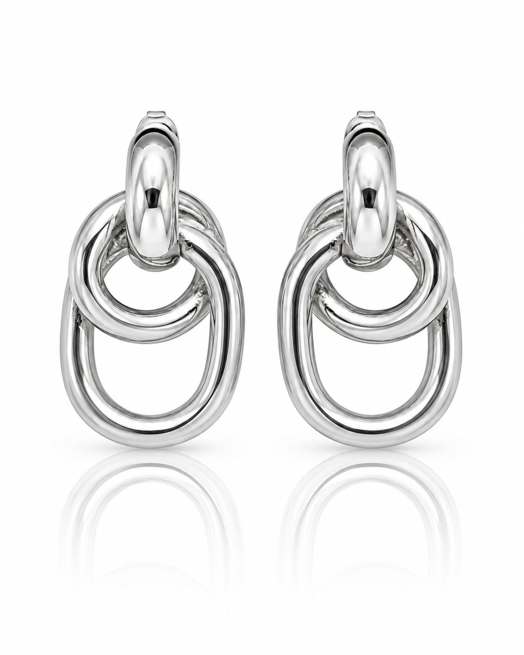Elli Jewellery rhodium plated drop earrings featuring interlocking oval hoops with a high-shine mirror finish.