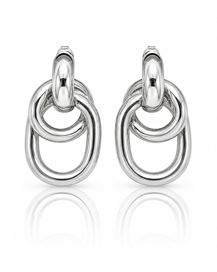 Elli Jewellery rhodium plated drop earrings featuring interlocking oval hoops with a high-shine mirror finish.
