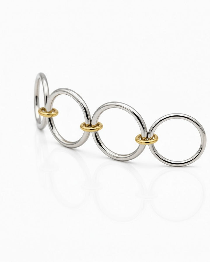 Elli Jewellery rhodium plated silver and gold tone multilayer stacking rings with a linked chain design