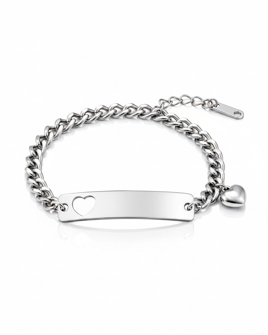 Elli Jewellery silver plated curb chain bracelet featuring a heart ID tag and a small heart charm.