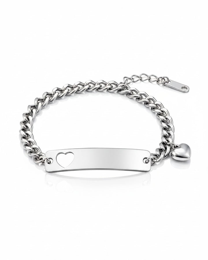 Elli Jewellery silver plated curb chain bracelet featuring a heart ID tag and a small heart charm.
