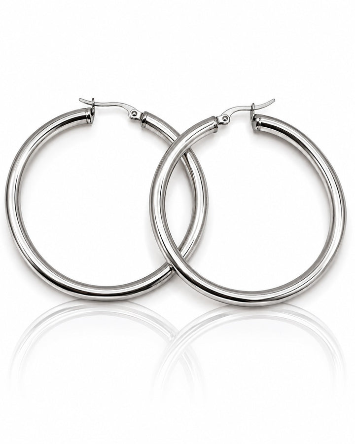 Elli Jewellery 40mm silver hoop earrings with a polished finish on a white background with reflection