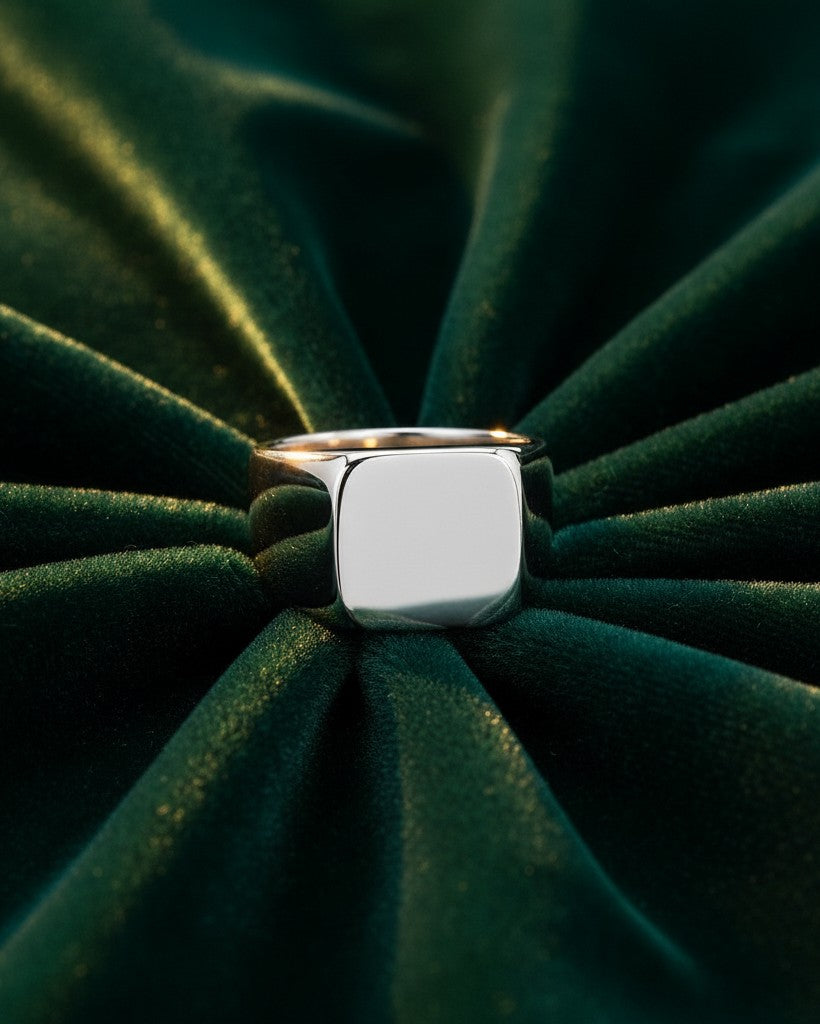 Elli Jewellery polished silver stainless steel signet ring resting on a dark green velvet fabric background.