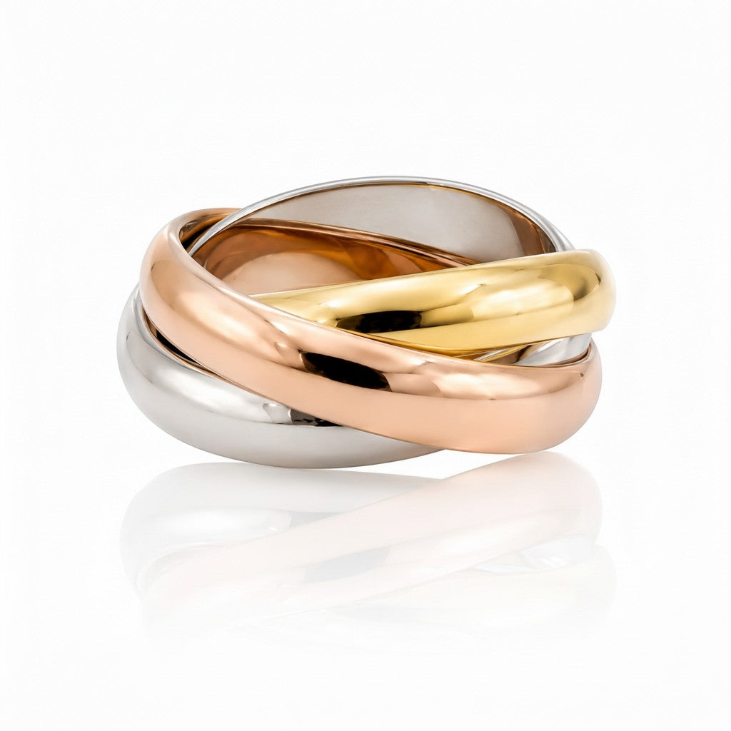 Elli Jewellery Trinity rolling ring featuring three interlocking bands in gold, rose gold, and rhodium plated finishes.