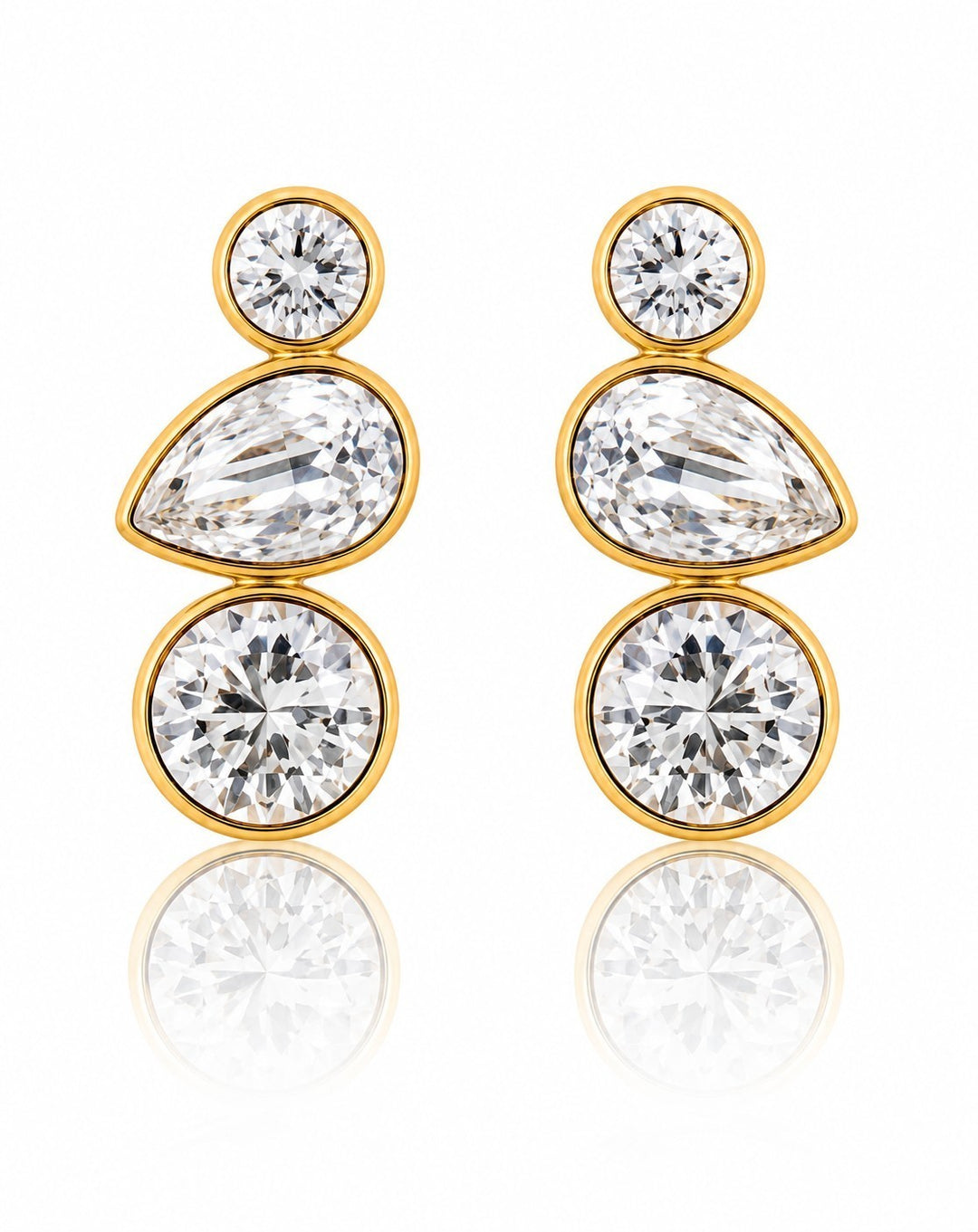 Elli Jewellery triple crystal drop earrings featuring bezel-set cubic zirconia in 18ct gold plated metal