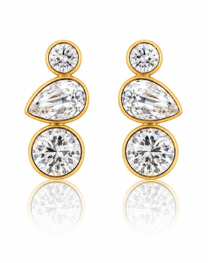 Elli Jewellery triple crystal drop earrings featuring bezel-set cubic zirconia in 18ct gold plated metal