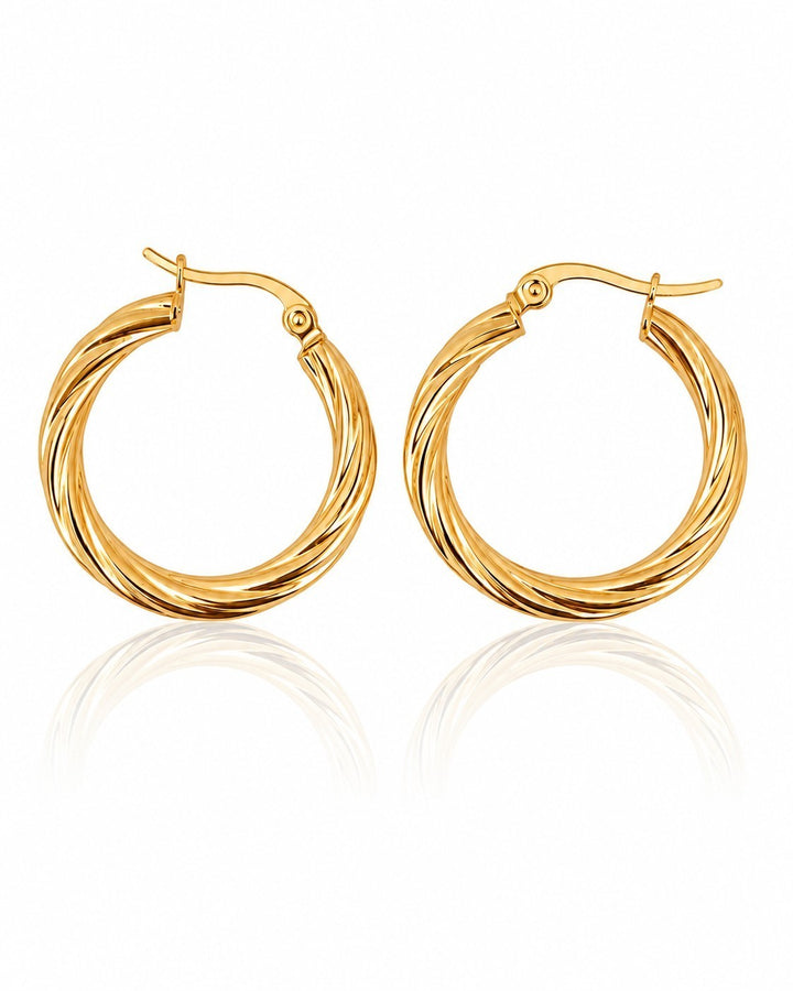 Elli Jewellery gold plated hoop earrings featuring a twisted rope texture design with a secure lever-back clasp.