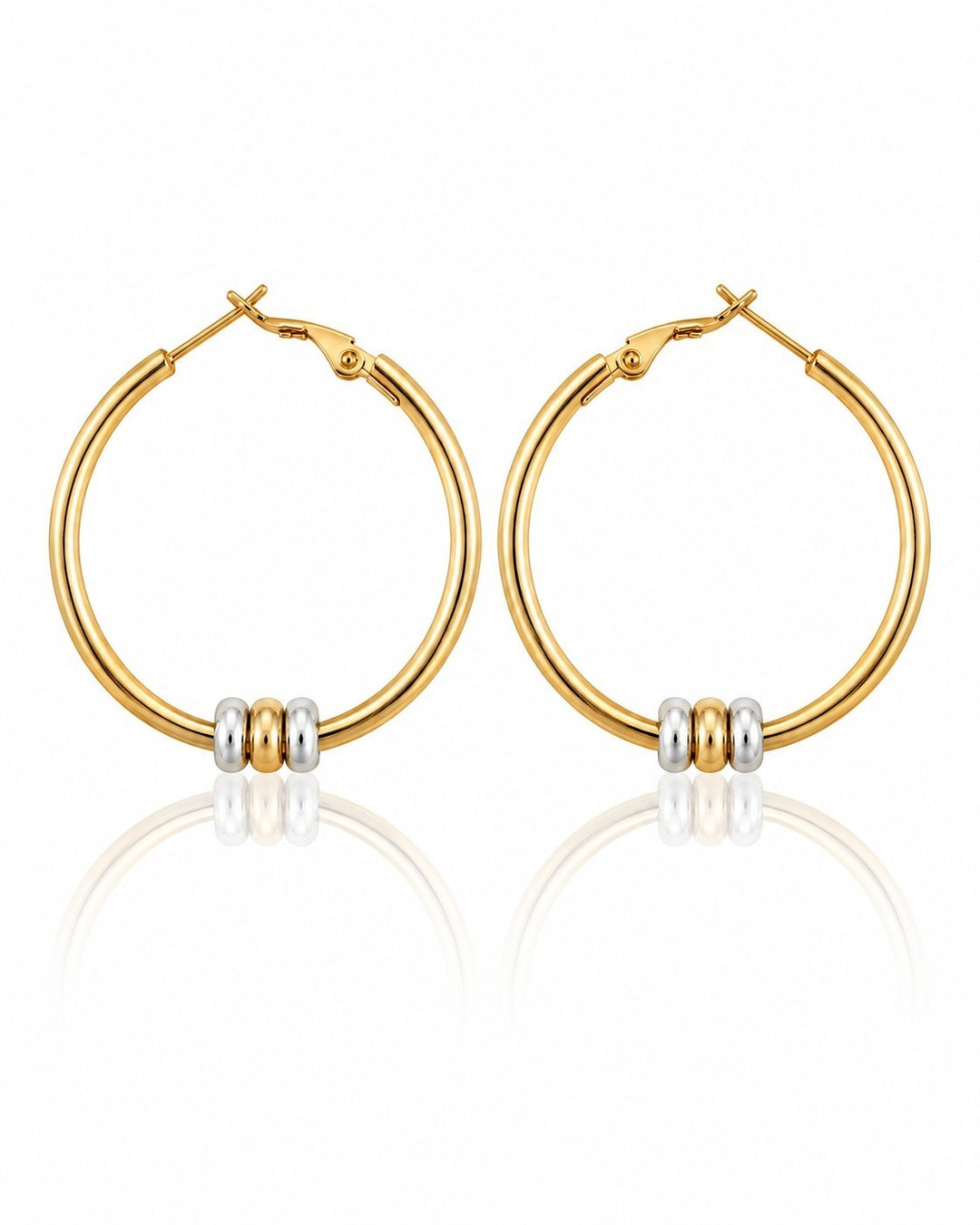 Elli Jewellery two-tone hoop earrings featuring gold-plated circles with rhodium and gold-tone accent beads.