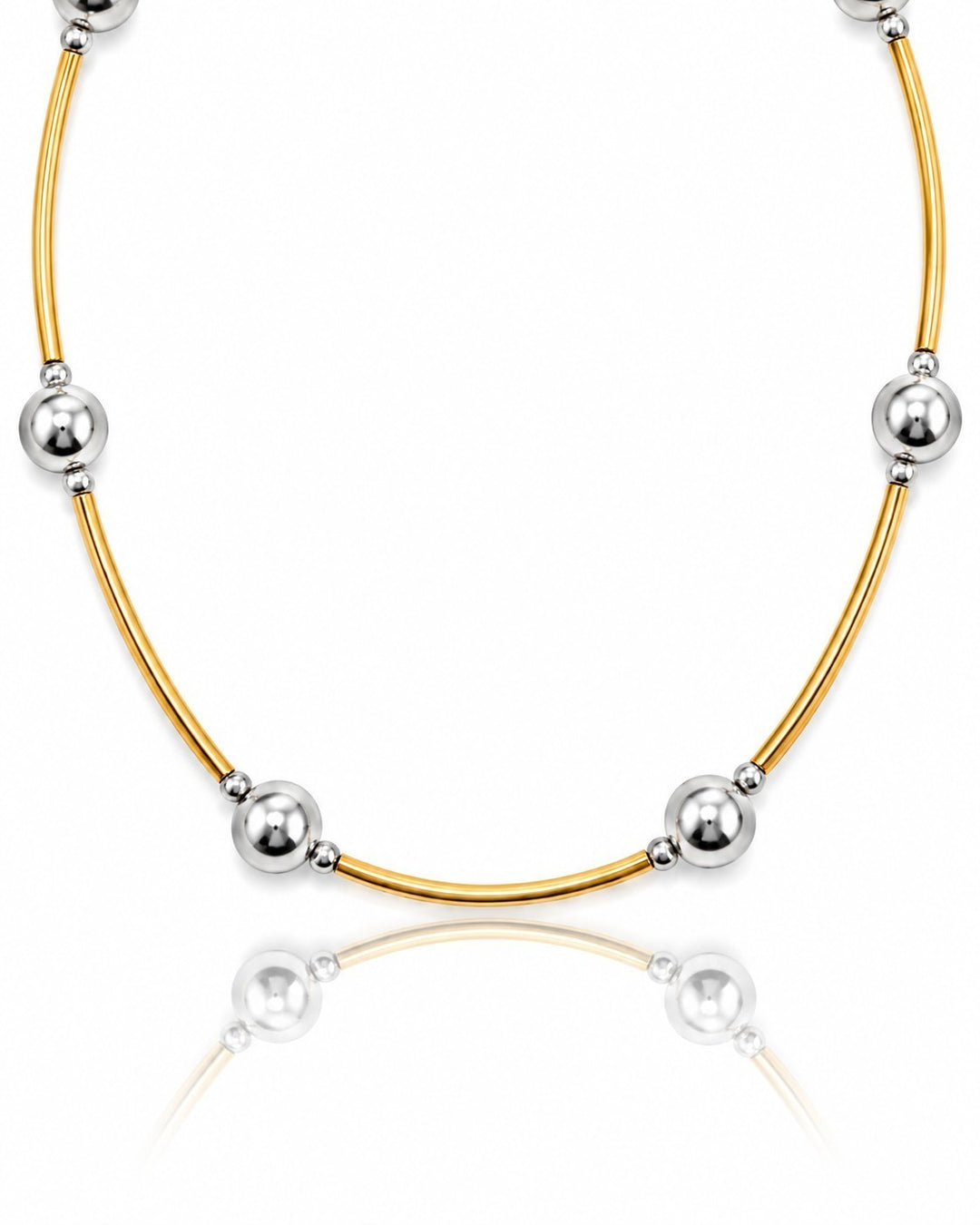 Elli Jewellery two-tone beaded statement necklace featuring gold-plated bars and silver-tone spheres on white background