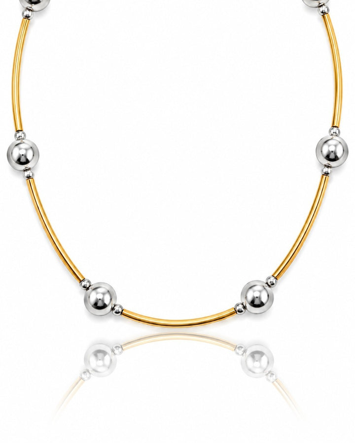 Elli Jewellery two-tone beaded statement necklace featuring gold-plated bars and silver-tone spheres on white background