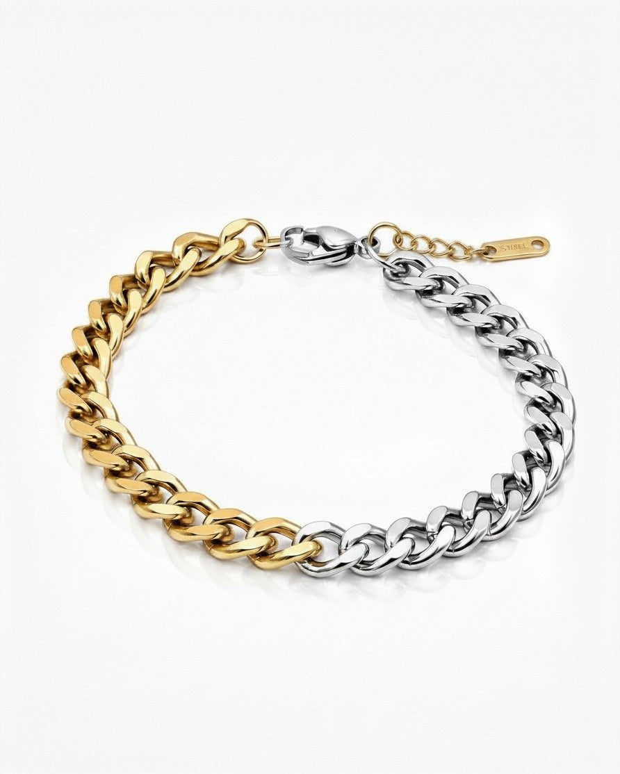 Elli Jewellery two-tone Cuban link chain bracelet featuring alternating gold and silver plated chunky links