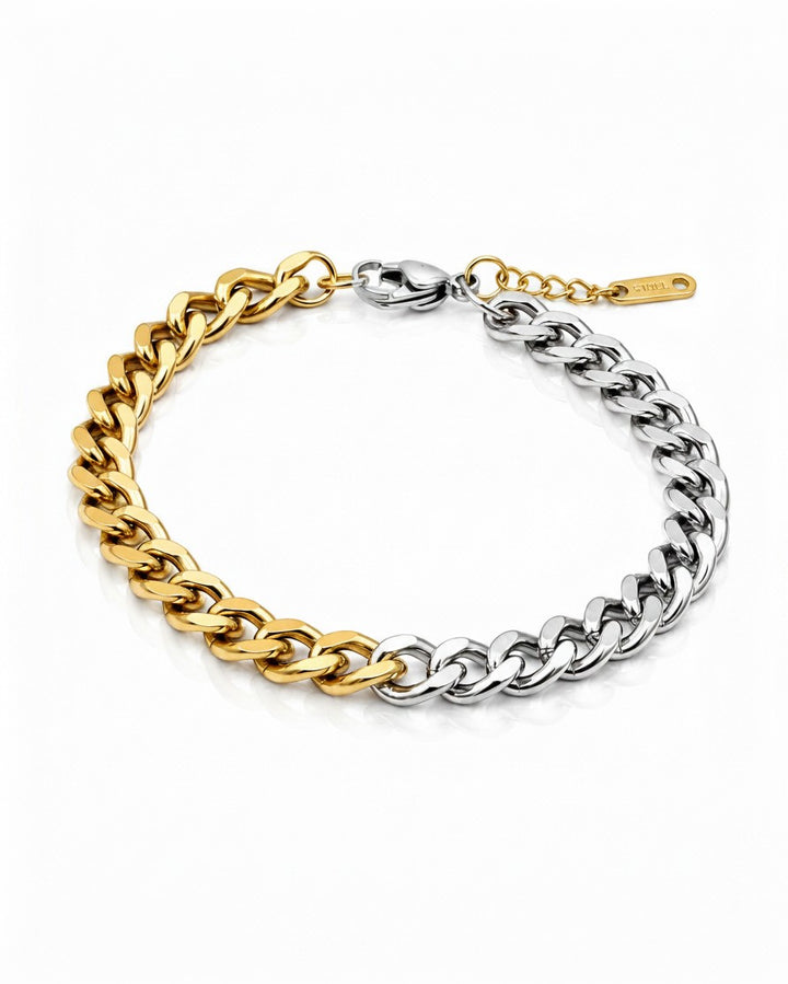 Elli Jewellery two-tone Cuban link chain bracelet featuring alternating gold and silver plated chunky metal links.