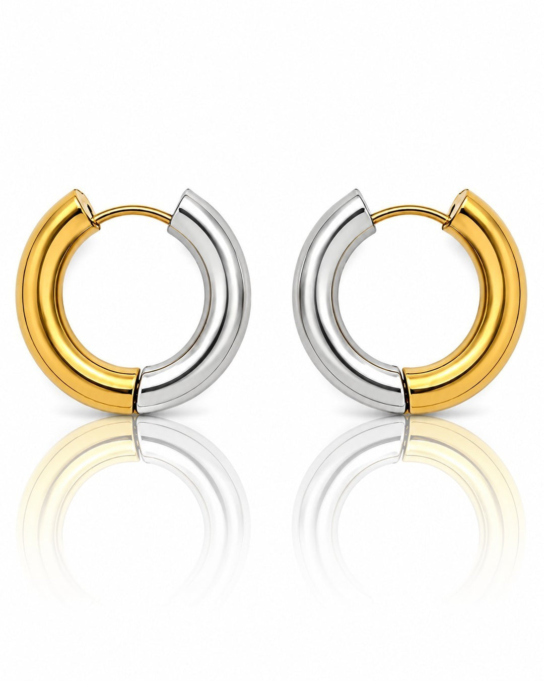Elli Jewellery 18mm two-tone gold and silver plated waterproof huggie hoop earrings with a sleek polished finish.