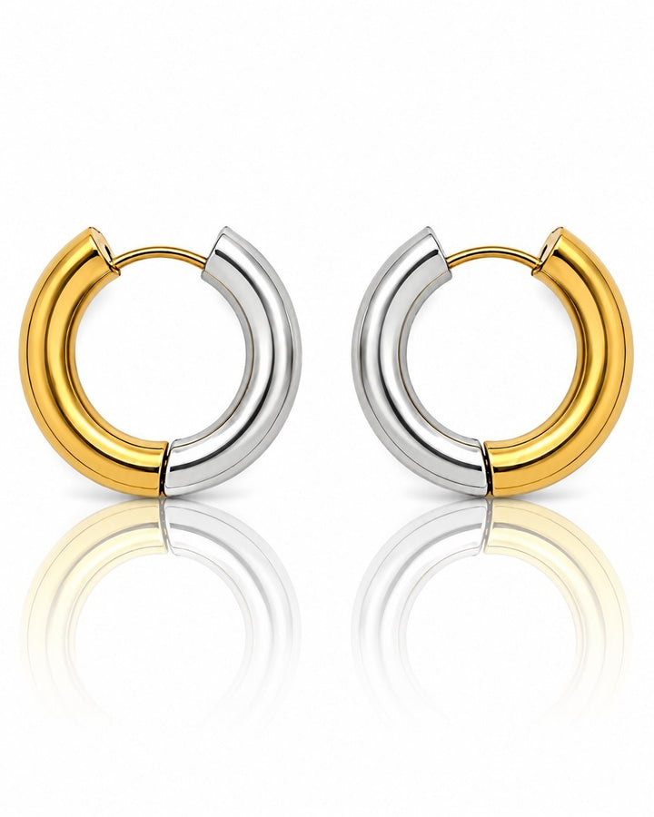 Elli Jewellery 18mm two-tone gold and silver plated waterproof huggie hoop earrings with a sleek polished finish.