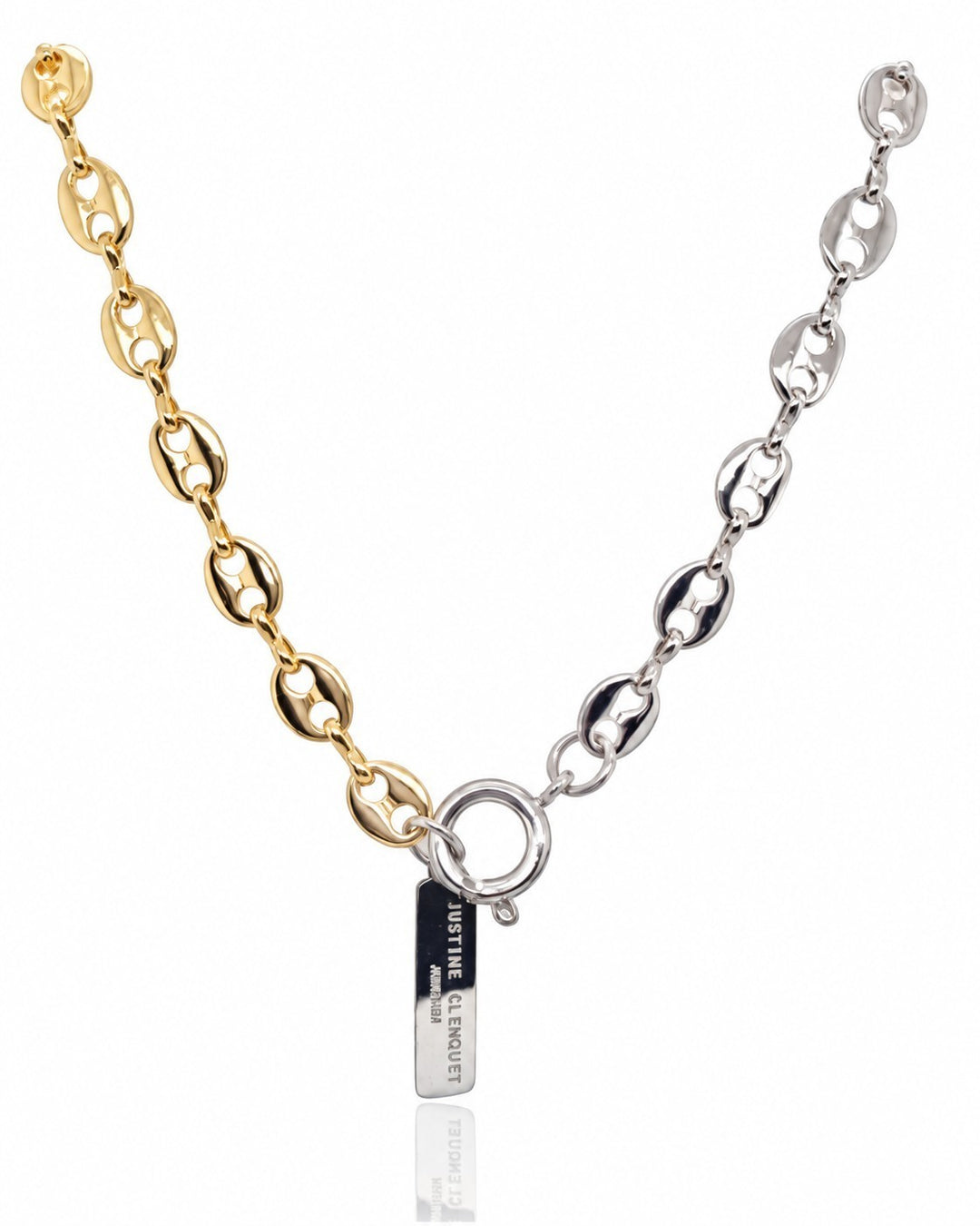Elli Jewellery two-tone oval link chain necklace featuring gold and silver plating with a toggle clasp and logo charm.