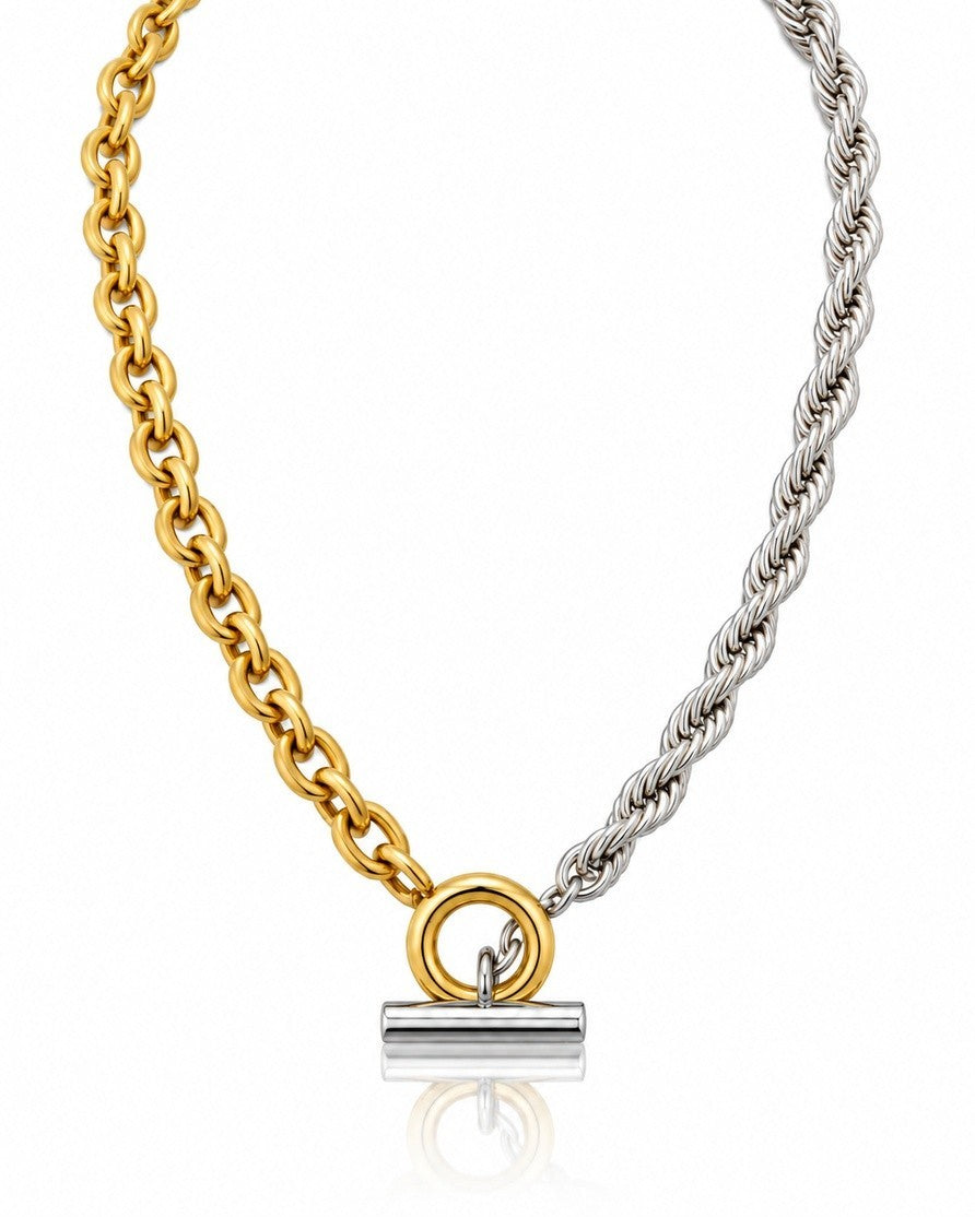 Elli Jewellery two-tone chunky rope chain necklace featuring gold and silver-plated links with a toggle clasp.