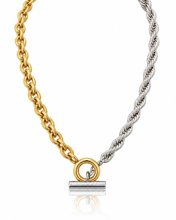 Elli Jewellery two-tone chunky rope chain necklace featuring gold and silver-plated links with a toggle clasp.