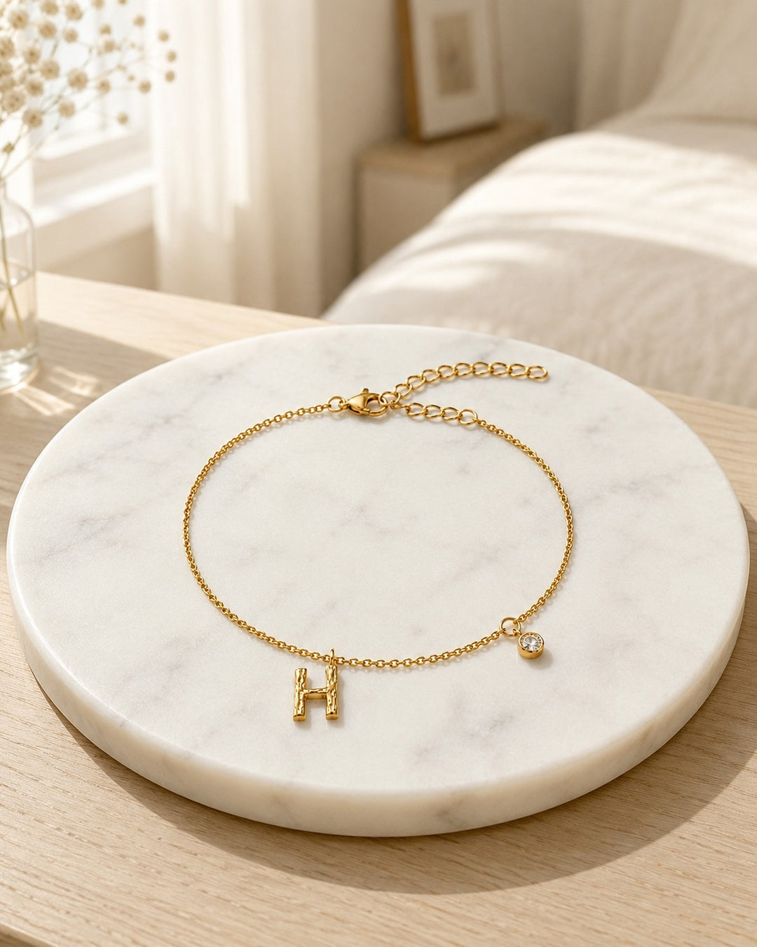 Gold Plated Waterproof Personalised 'H' Initial Dainty Chain Bracelet (10250)