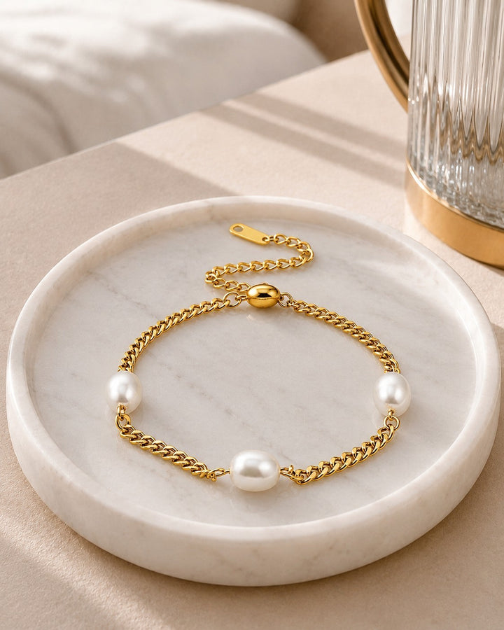 Gold Plated Waterproof Pearl Link Chain Bracelet (10526)