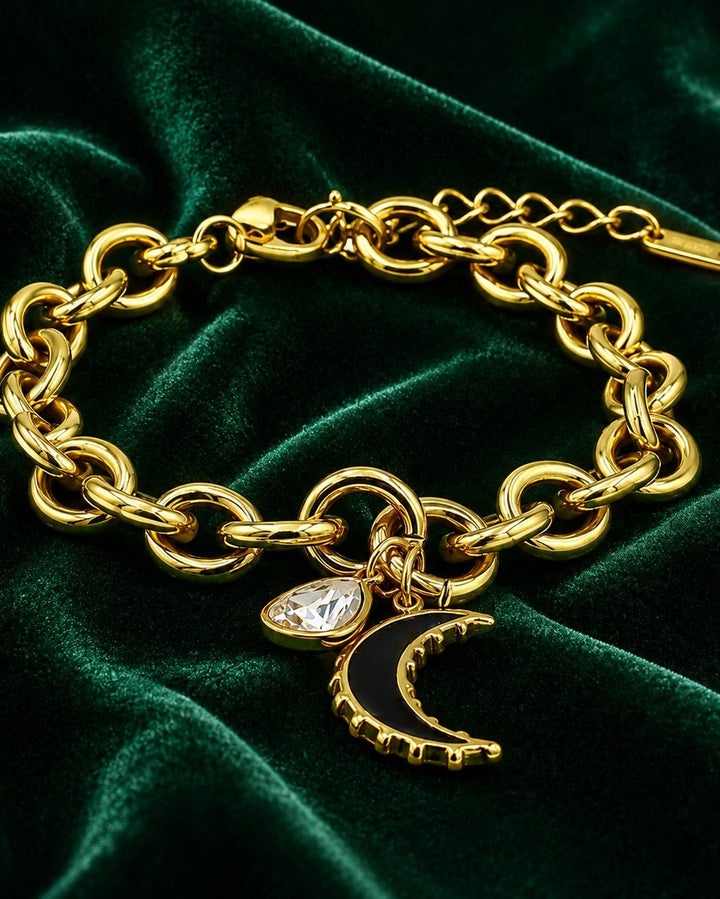 Gold Plated Black Crescent Moon Charm Bracelet (11465)