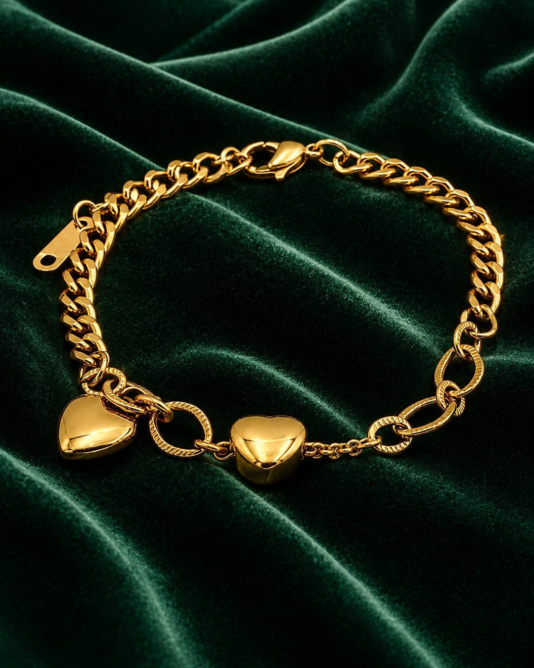 Gold Plated Waterproof Curb Chain Heart Charm Bracelet (10994)