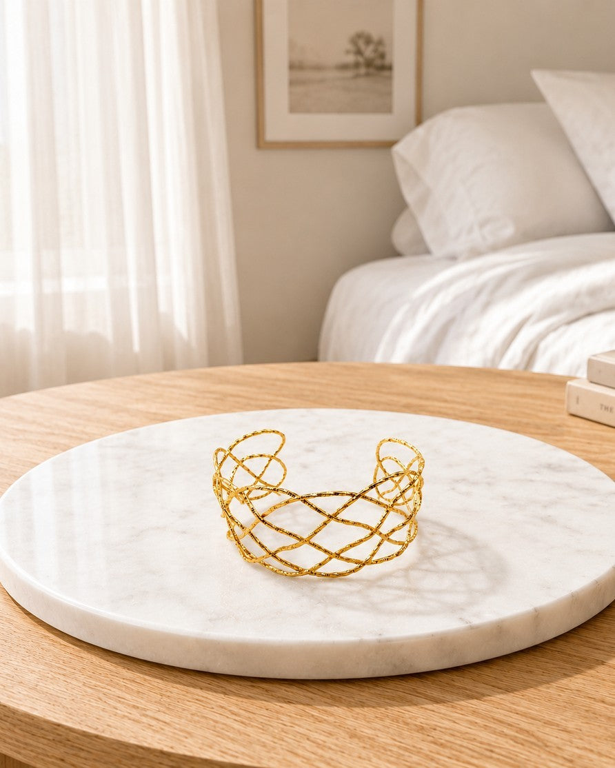 Gold Toned Geometric Fence Pattern Chunky Statement Bangle (11462)