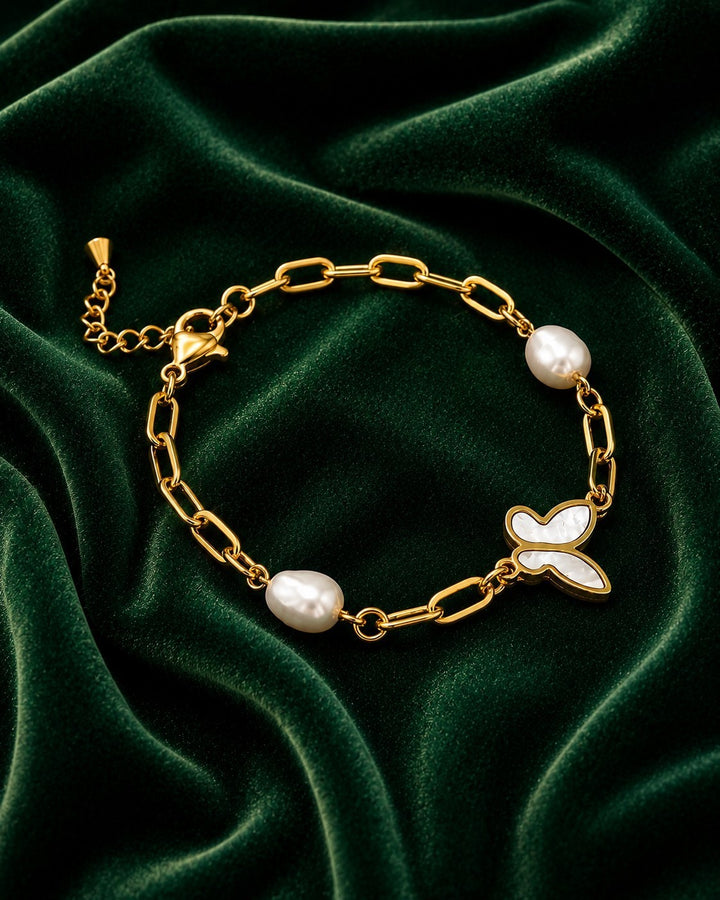 Gold Plated Pearl Butterfly Charm Bracelet (10258)
