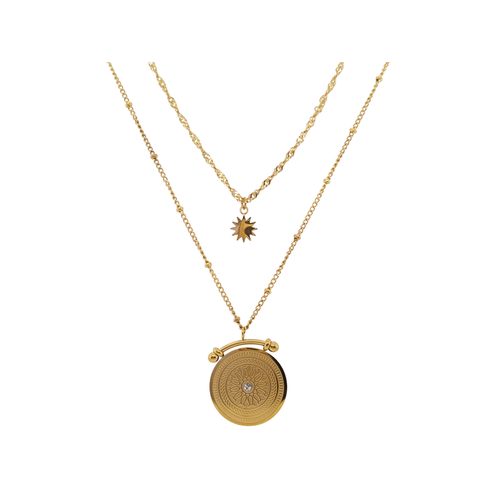 Gold Toned Double Layered Necklace with Sun and Sundial