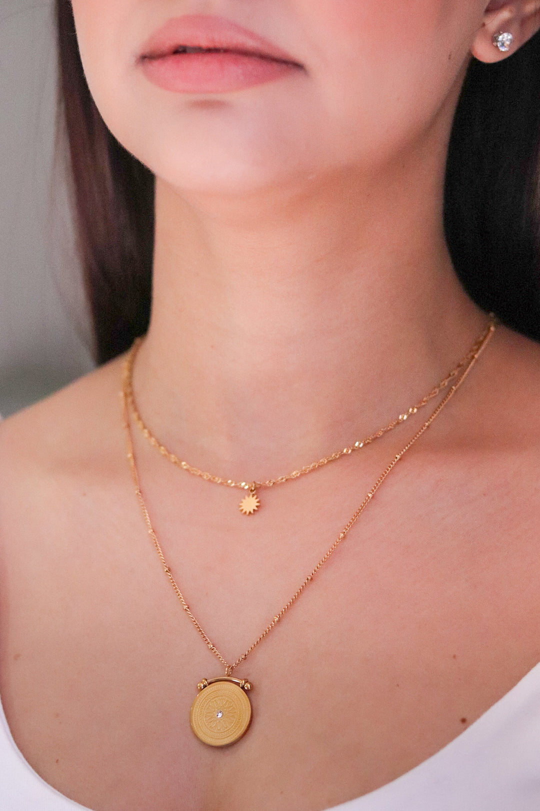 Gold Toned Double Layered Necklace with Sun and Sundial