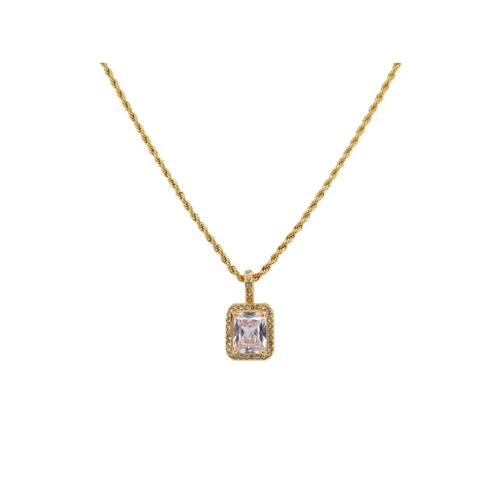 Gold Plated Rope Necklace with Clear Cubic Zirconia Pendant