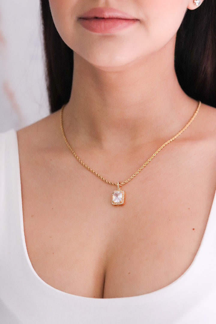 Gold Plated Rope Necklace with Clear Cubic Zirconia Pendant