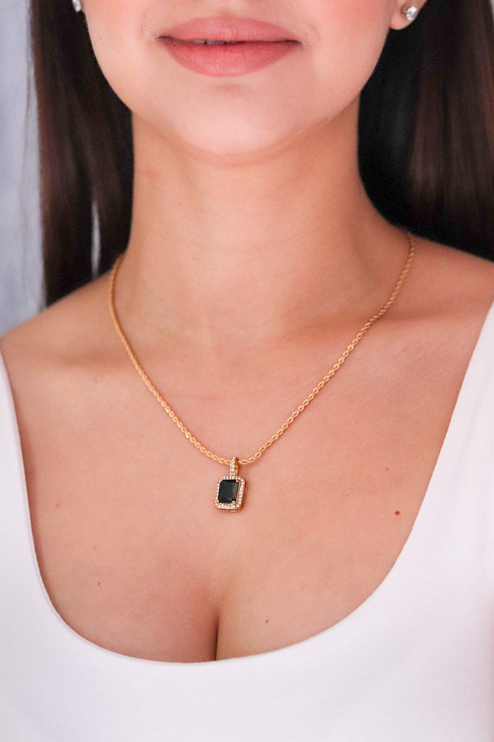 Gold Toned Rope Necklace with Black Cubic Zirconia Pendant