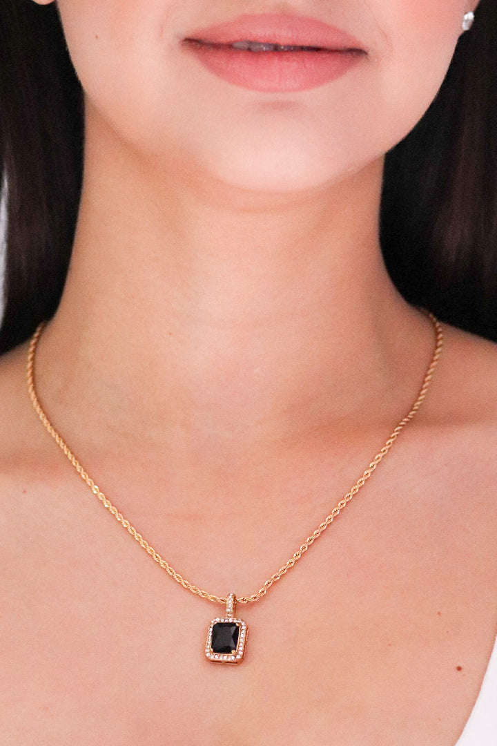 Gold Toned Rope Necklace with Black Cubic Zirconia Pendant