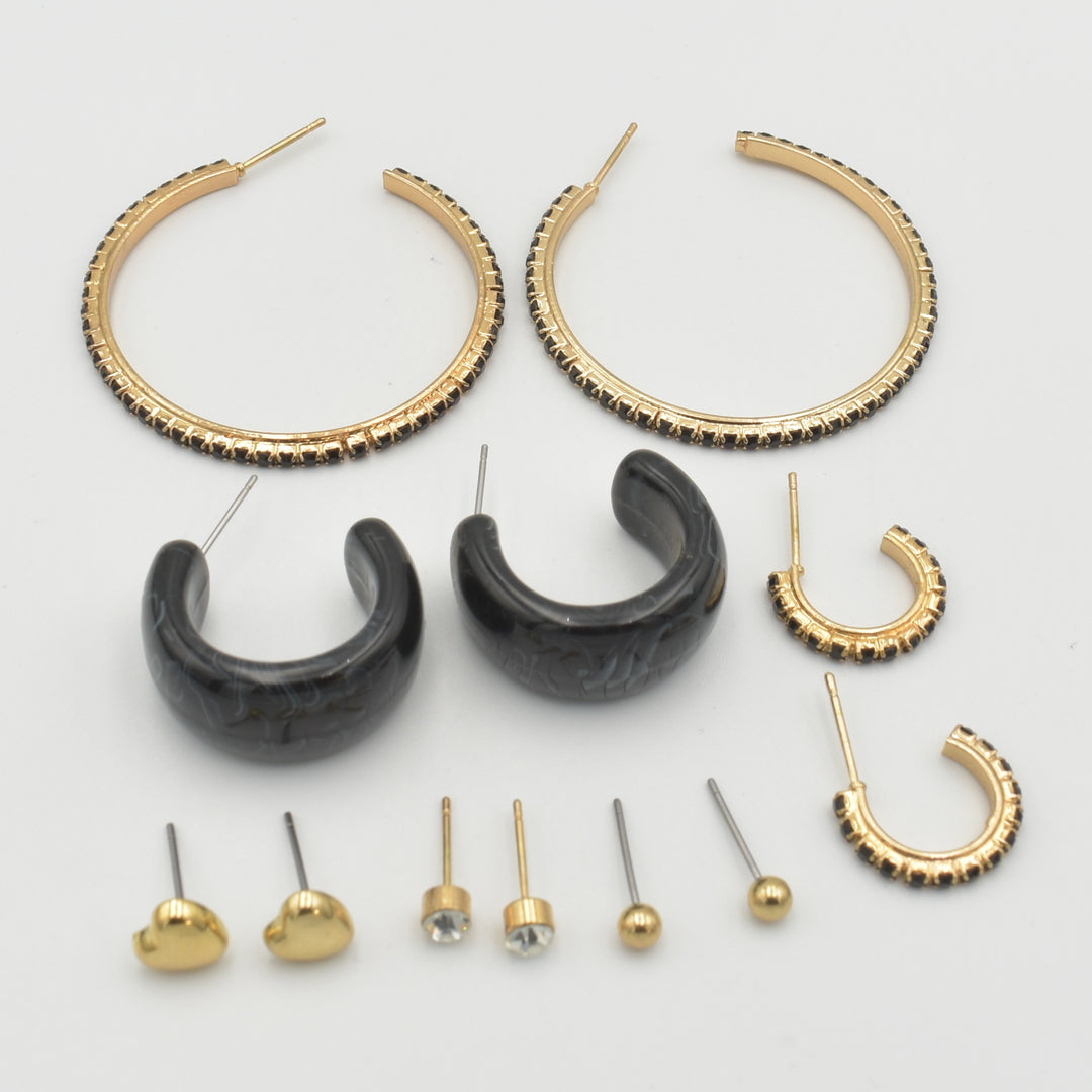 Gold & Black Hoop 6-Pack Earrings