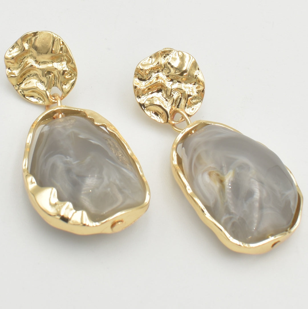 Gold Grey Gem Stone Drop Earrings