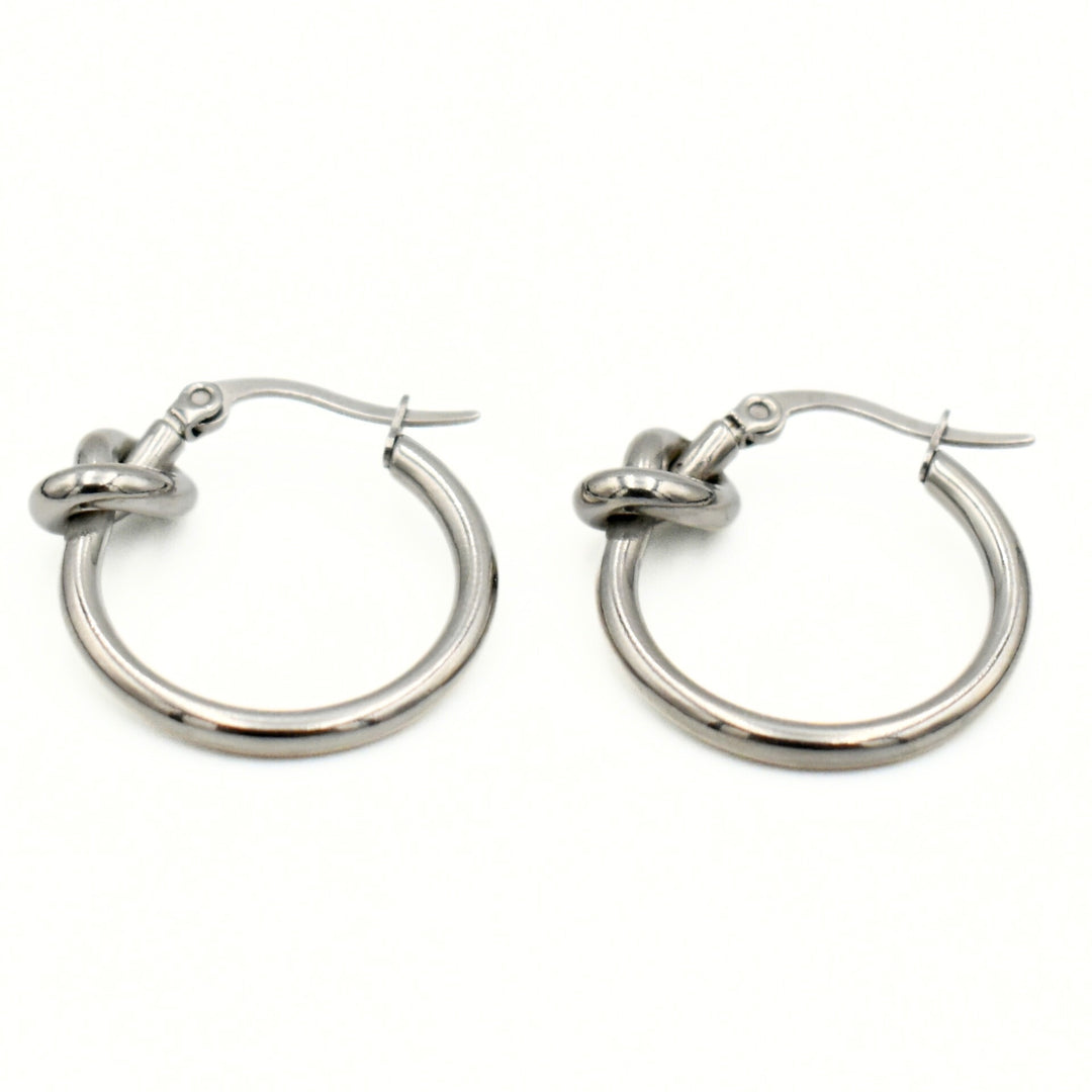 Rhodium Plated Knot Medium Hoop Earrings