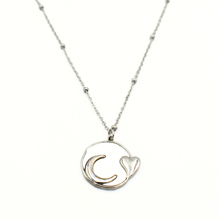 Rhodium Plated Moon and Heart Necklace