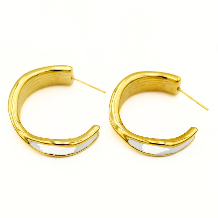 Gold Plated White Enamel Hoop Earrings
