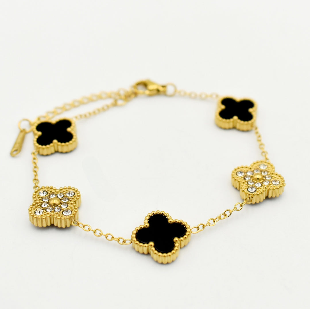 Gold Cubic Diamante Black Clover Bracelet