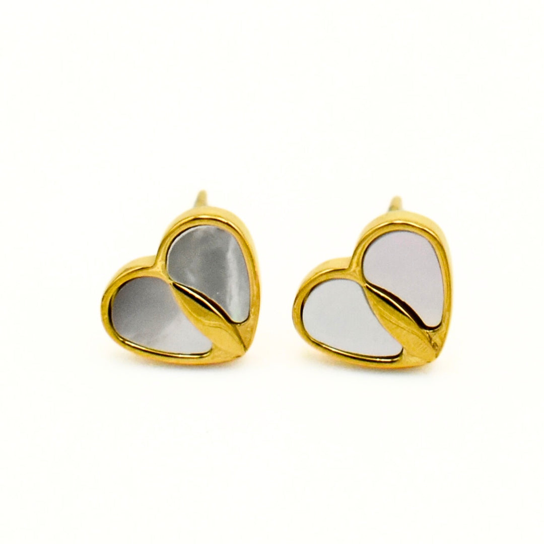 Gold Toned Shell Heart Stud Earrings